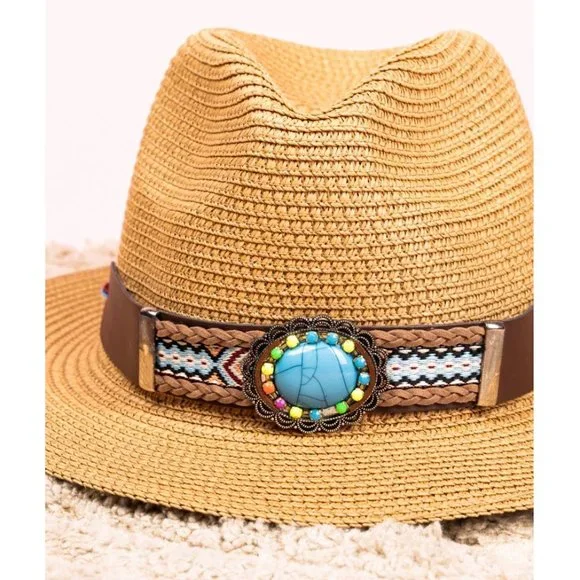 Tan Straw Sun Hat. Faux Leather Band. Turquoise/Multi Color Stones. - Picture 2 of 3